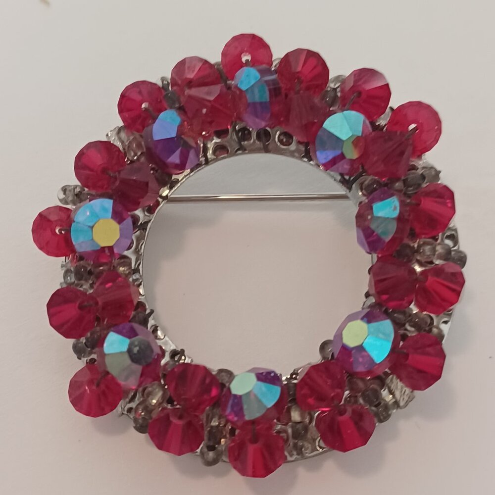 Flower Wreath Red & Aurora Rhinestone HOBE Vintage Silver Brooch Pin
